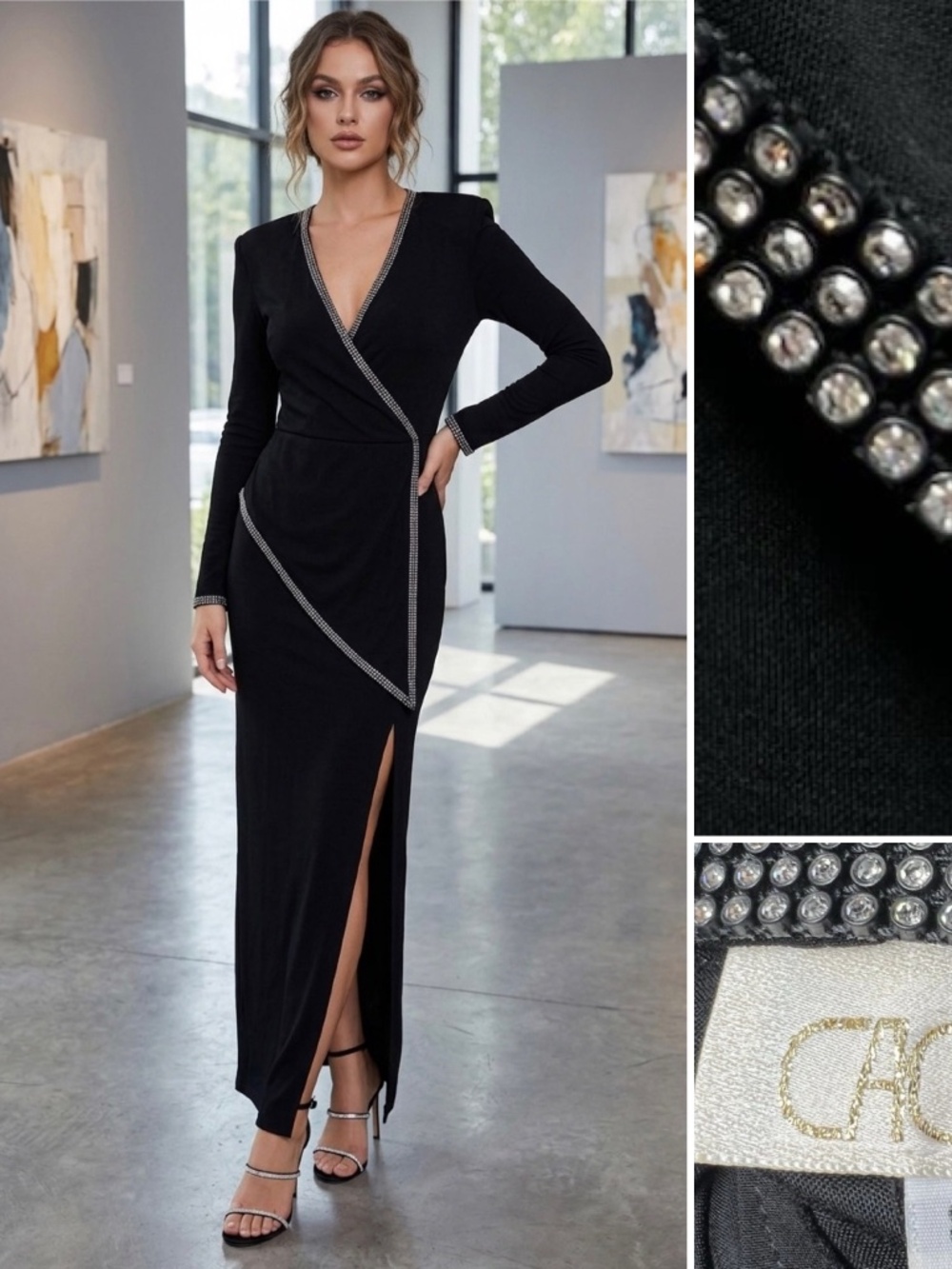 Vintage Cache Women’s 8 Black Stretchy Rhinestone Embellished Midi Wrap Dress M
